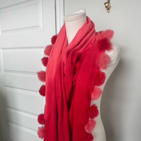 Red and Pink Scarf with rabbit fur Pom-Poms y2k glam - Picture 5 of 7